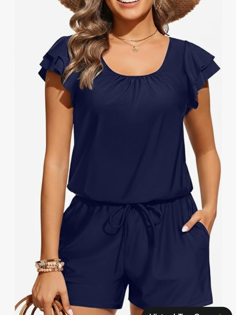 Navy Ruffle Sleeve One-Piece Swimsuit Romper With Pockets Sm